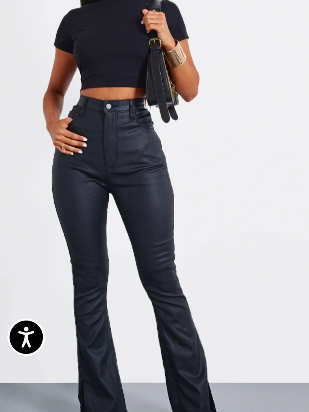 PrettyLittleThing Shape Black Coated Denim Split Hem Flare Pant Size 6